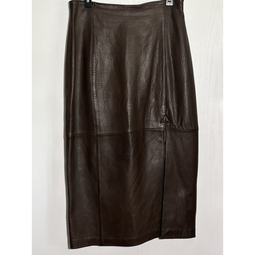 Lord & Taylor Leather Midi Skirt Womens 30 12 Brown Vintage Front Slit Patchwork